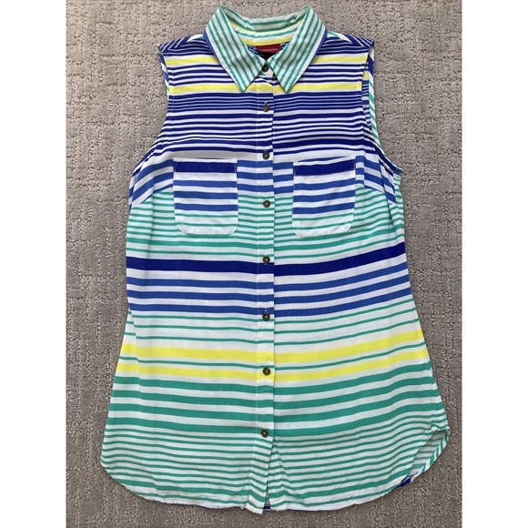 Merona Womens X-Small Blue, Green, Yellow Striped Sleeveless Button Up B… - Picture 1 of 6